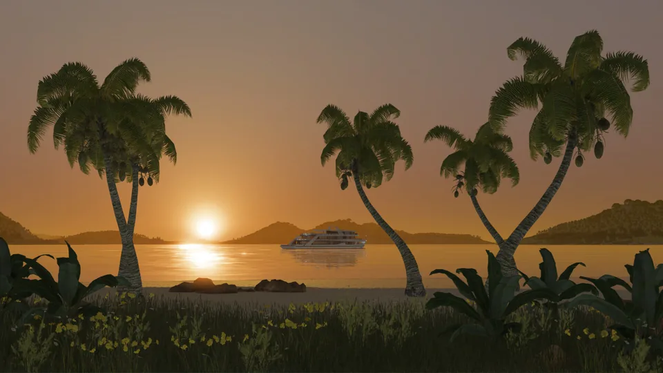 Sunset over a tropical island in Transport Fever 3