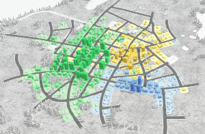 Town land-use view distinguishing residential, commercial, and industrial areas