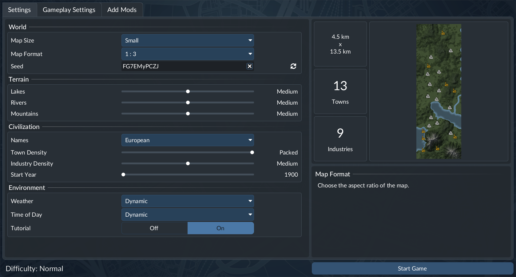 Free-game configuration with map and environment options