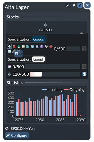 Warehouse stock view with module cargo selection and available space
